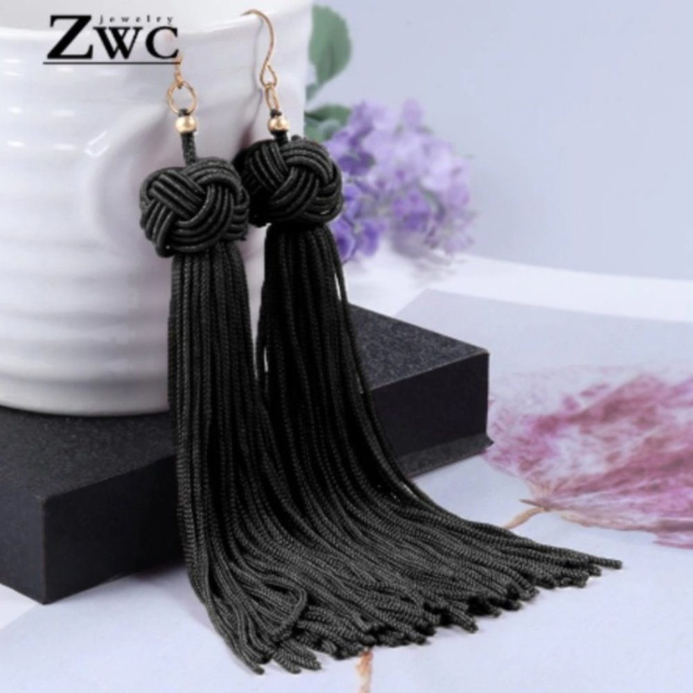Long Black Knotted Tassel Earrings